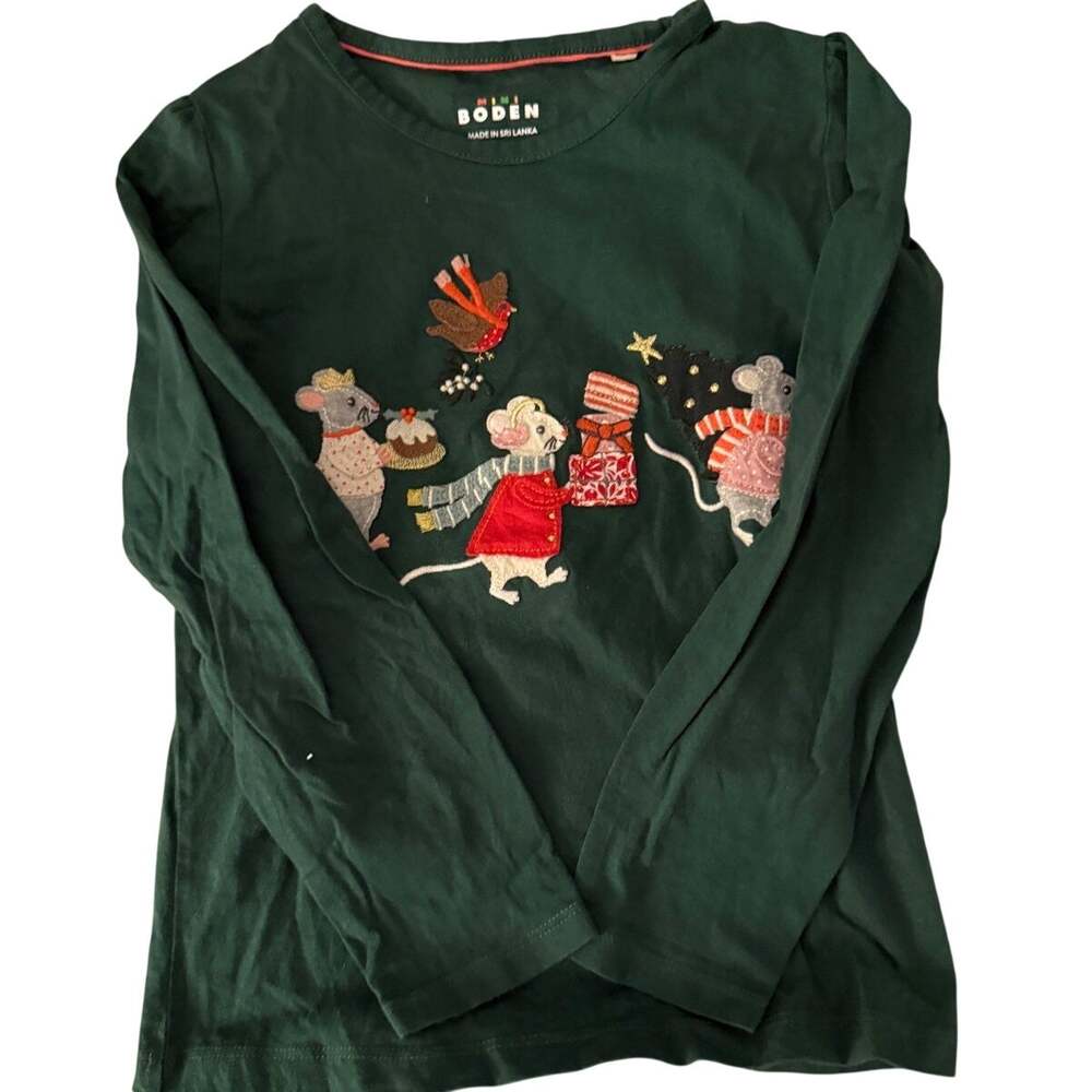 Mini Boden green mouse Applique shirt size 6-7